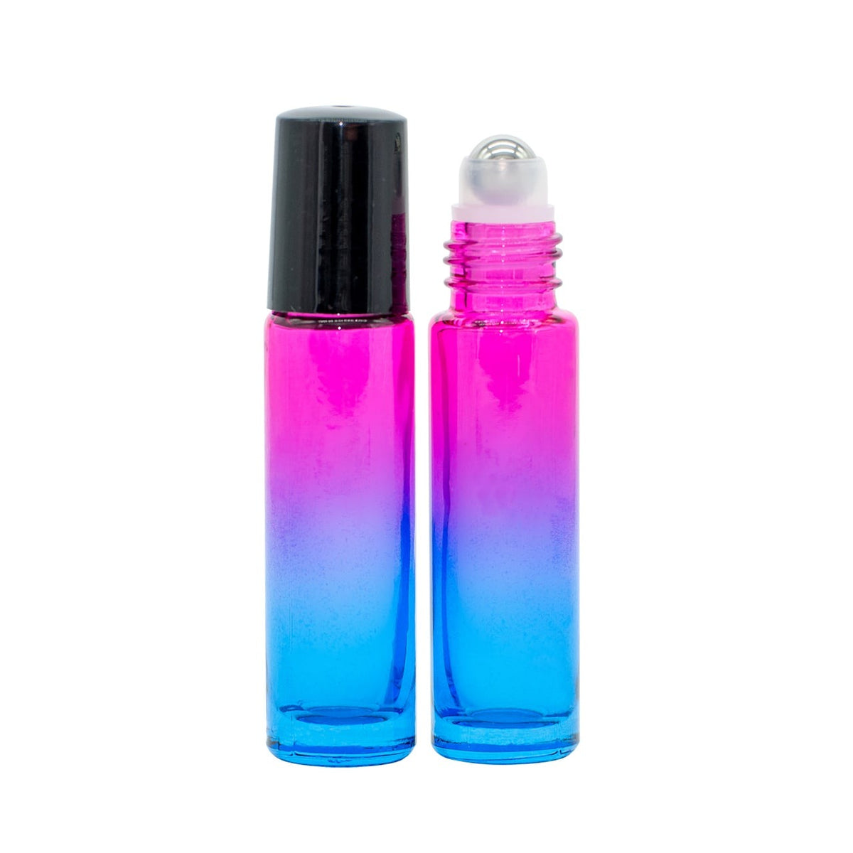 Roll-on bottles for essential oils, 10 ml, featuring a gradient design in pink and blue glass.
