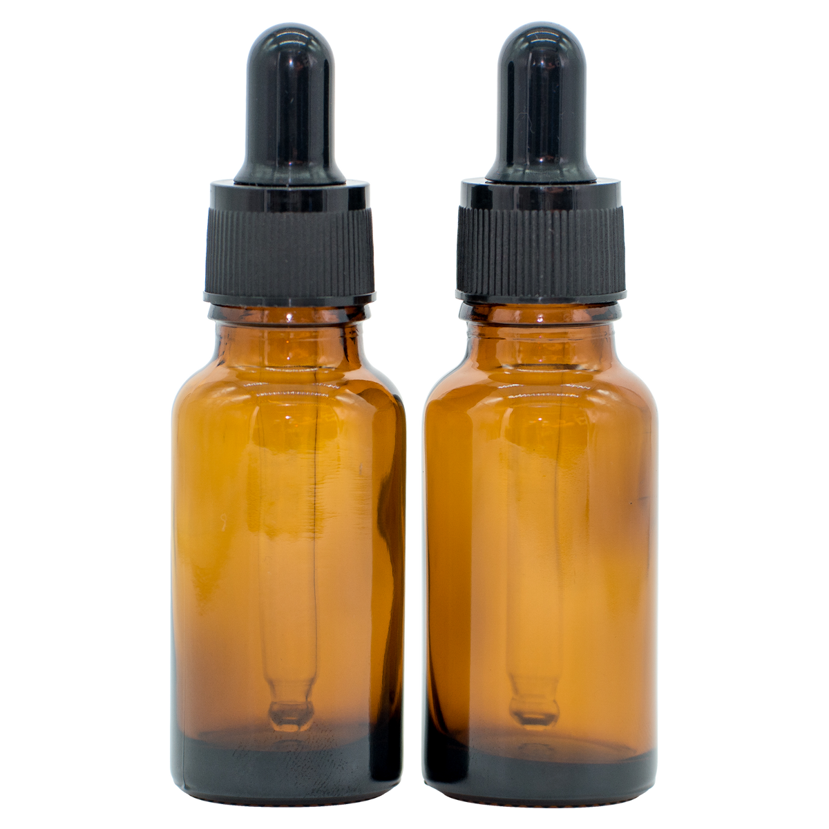 Two 20 ml brown glass dropper bottles with black caps, suitable for essential oils.