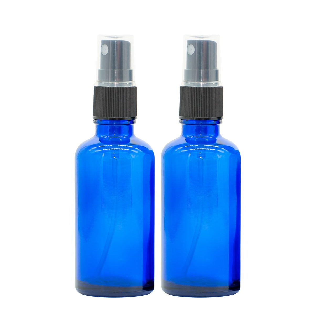 Two 50 ml blue glass spray bottles with black spray tops, ideal for essential oils.