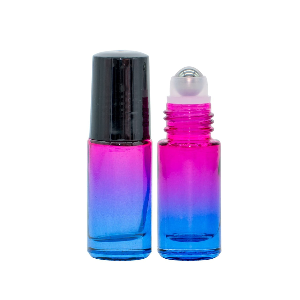 Roll-on bottles for essential oils, 5 ml each, featuring a gradient design in pink and blue glass.