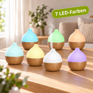 Kompakter Aroma USB Diffuser mit LED, 100 ml, in verschiedenen Farben und Holzoptik, zeigt sieben leuchtende Farben.