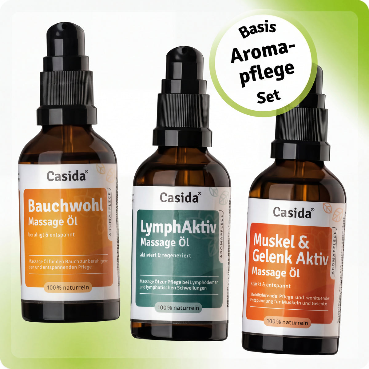 Basis set Aromapflege with three massage oils: Bauchwohl, LymphAktiv, and Muskel & Gelenk Aktiv in brown bottles.