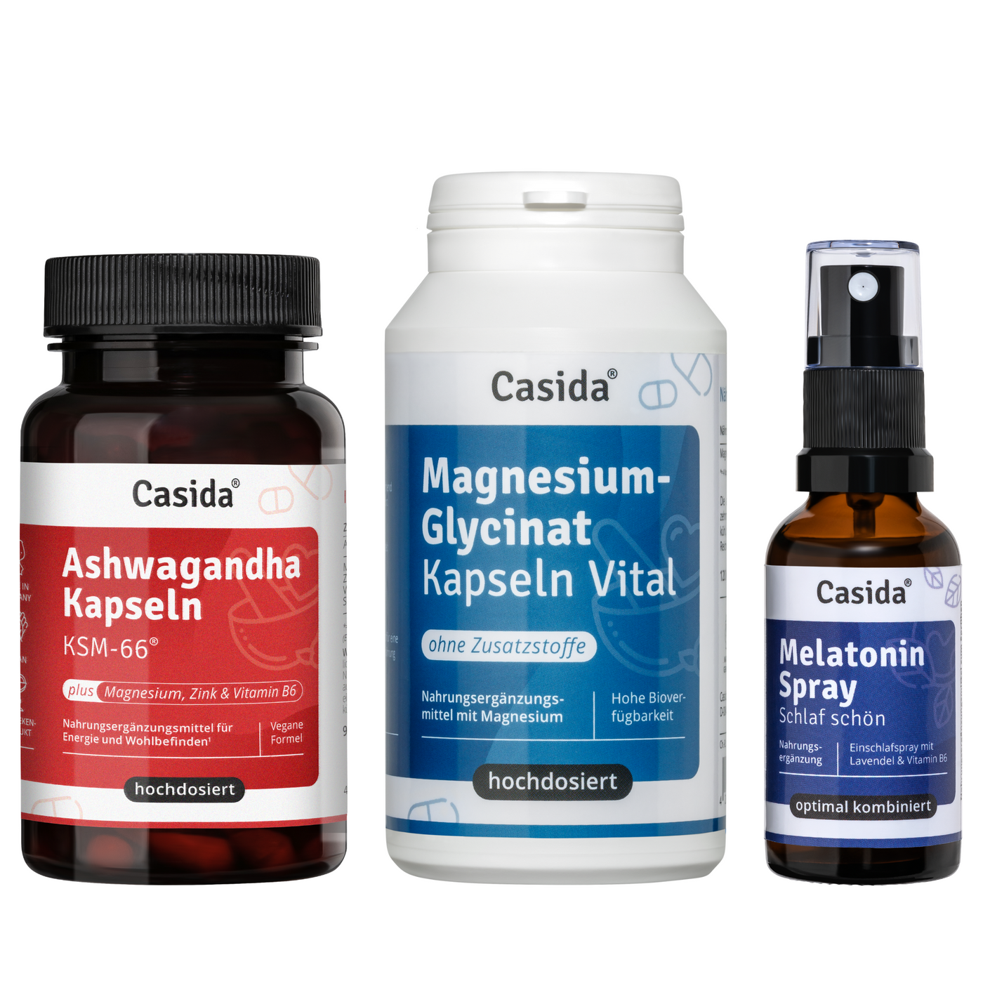 Besser Schlafen set featuring Ashwagandha capsules, magnesium glycinate, and melatonin spray in various containers.
