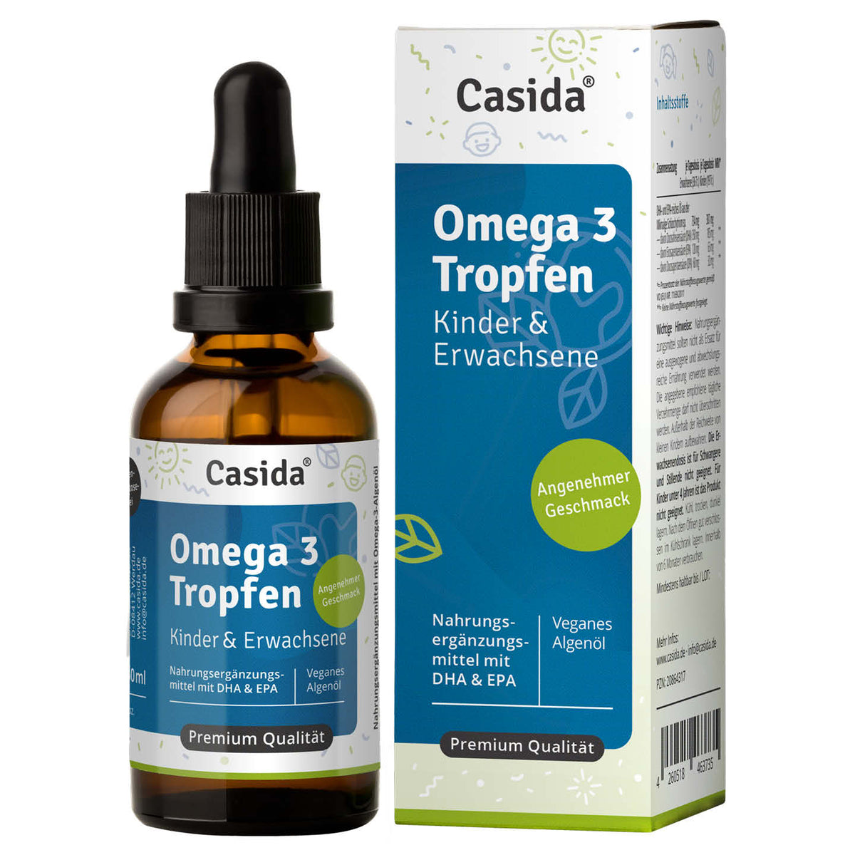 Casida Omega 3 Tropfen für Kinder und Erwachsene in Pipettenflasche mit blau-weißer Umverpackung