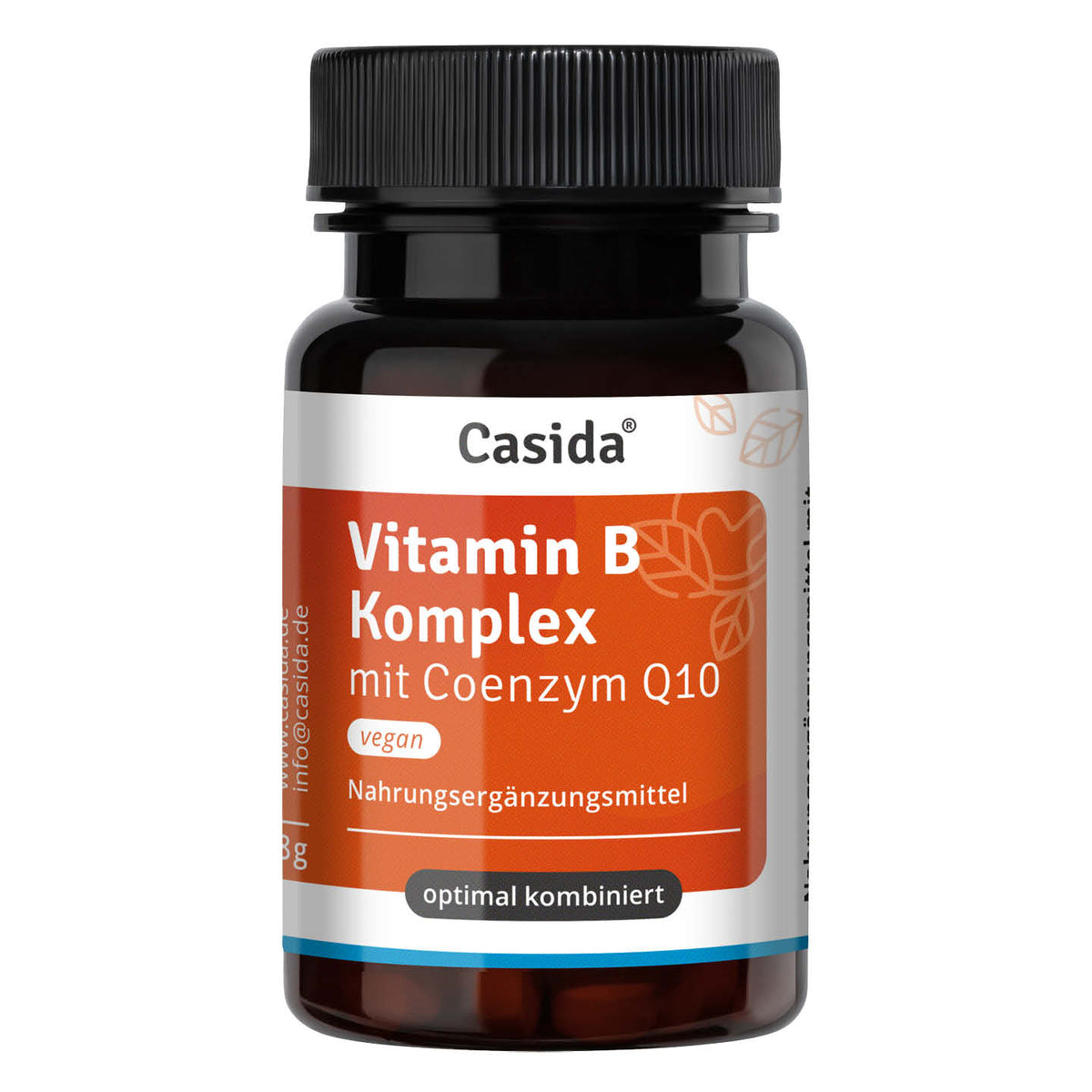 Casida Vitamin B Komplex mit Coenzym Q10 in brauner Dose mit orangefarbenem Etikett