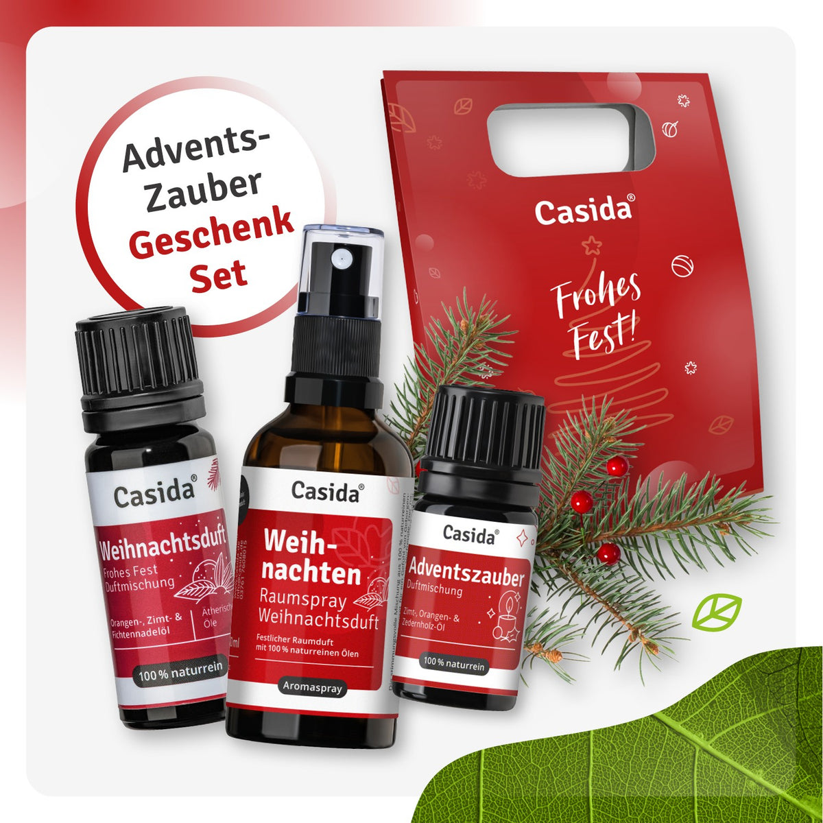 Casida Adventszauber-Geschenkset mit Weihnachtsduft, Raumspray, Adventszauber-Öl und roter Geschenktasche