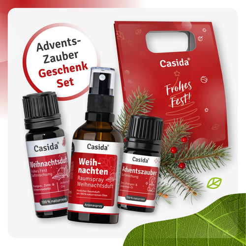 Casida Adventszauber-Geschenkset mit Weihnachtsduft, Raumspray, Adventszauber-Öl und roter Geschenktasche