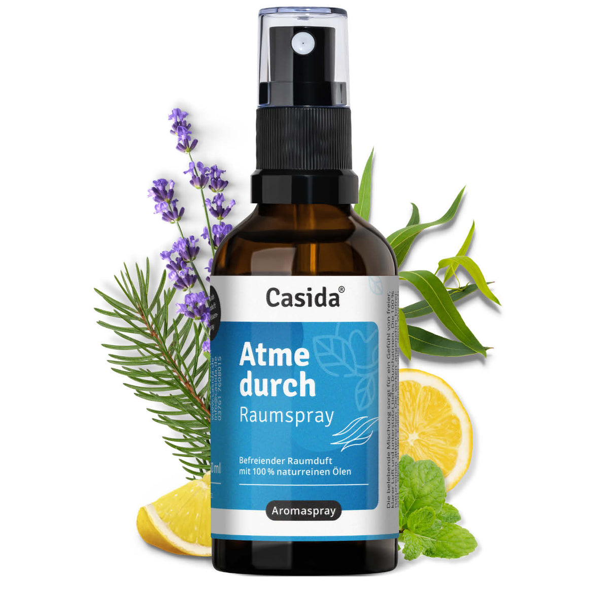 Atme durch raumspray bottle with a dark glass design, featuring herbs, lemon, and lavender in the background.