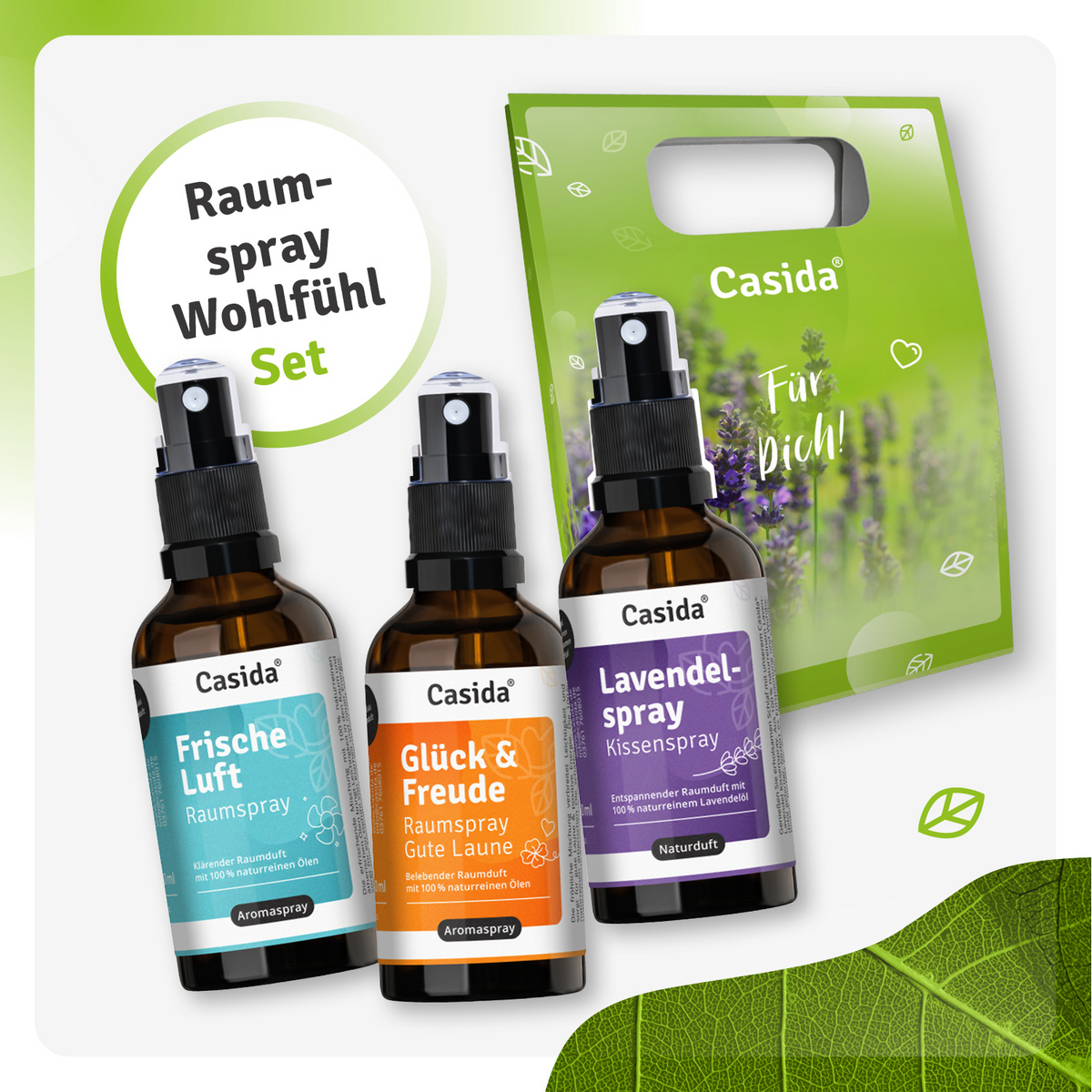 Raumspray Bestseller 3er Set includes three spray bottles in a green gift bag, featuring Frische Luft, Glück & Freude, and...