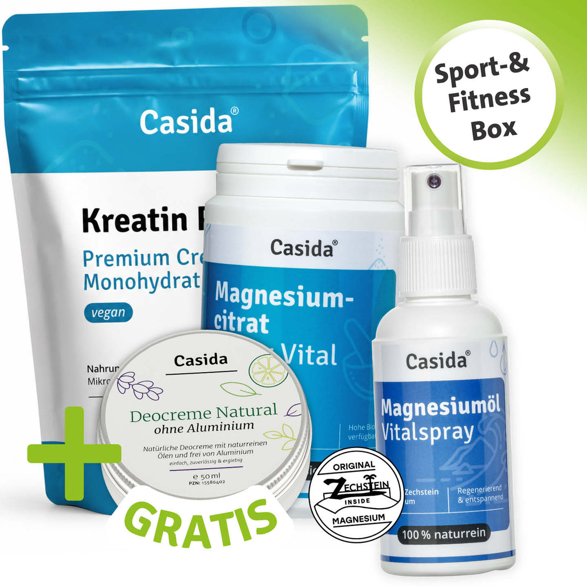 Sport & Fitness Box Magnesiumcitrat Pulver Vital Fußspray BioFit Magnesiumöl Vitalspray Deocreme Natural
