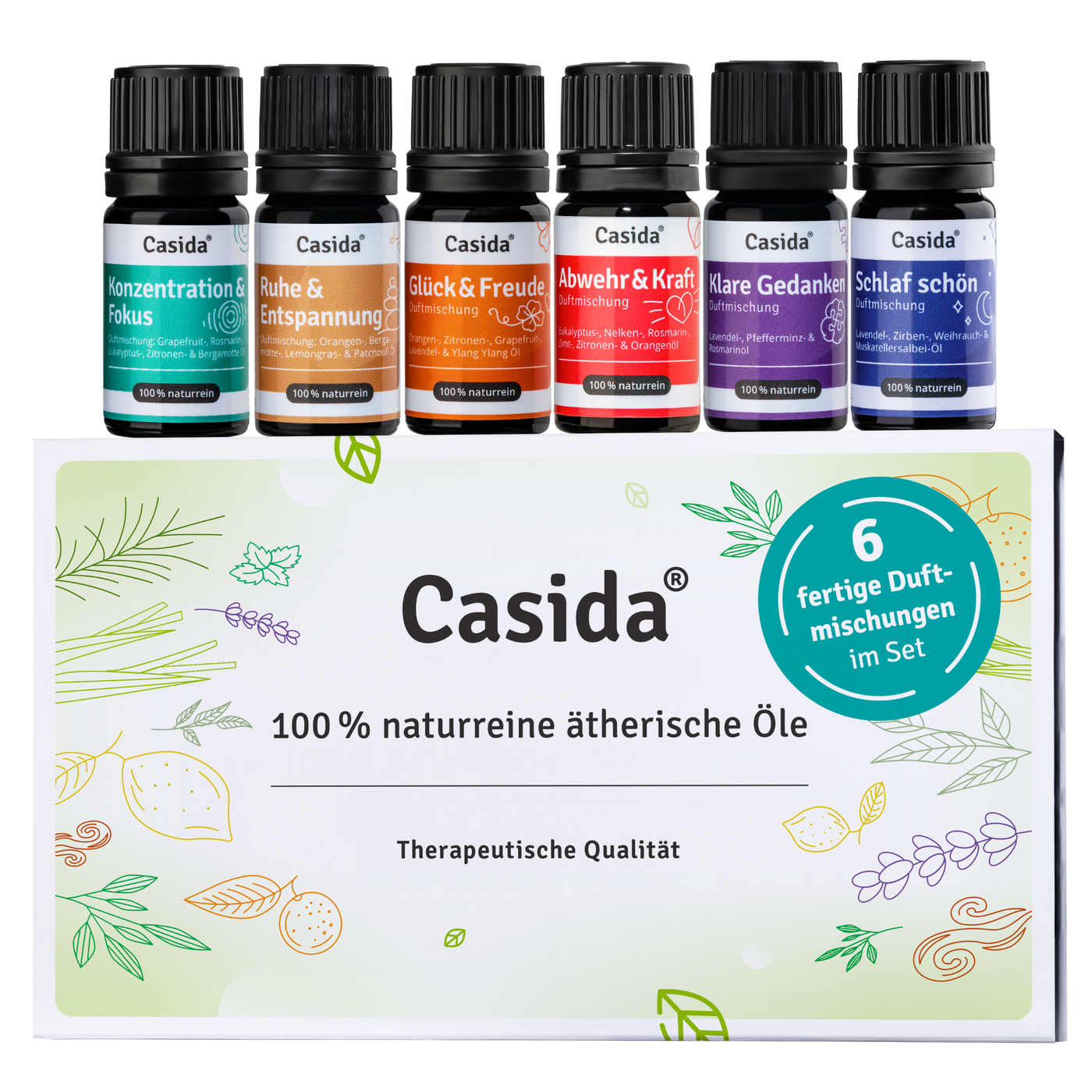 Duftmischungen TOP 6 Set featuring six essential oil bottles in various colors, displayed on a white box with product deta...