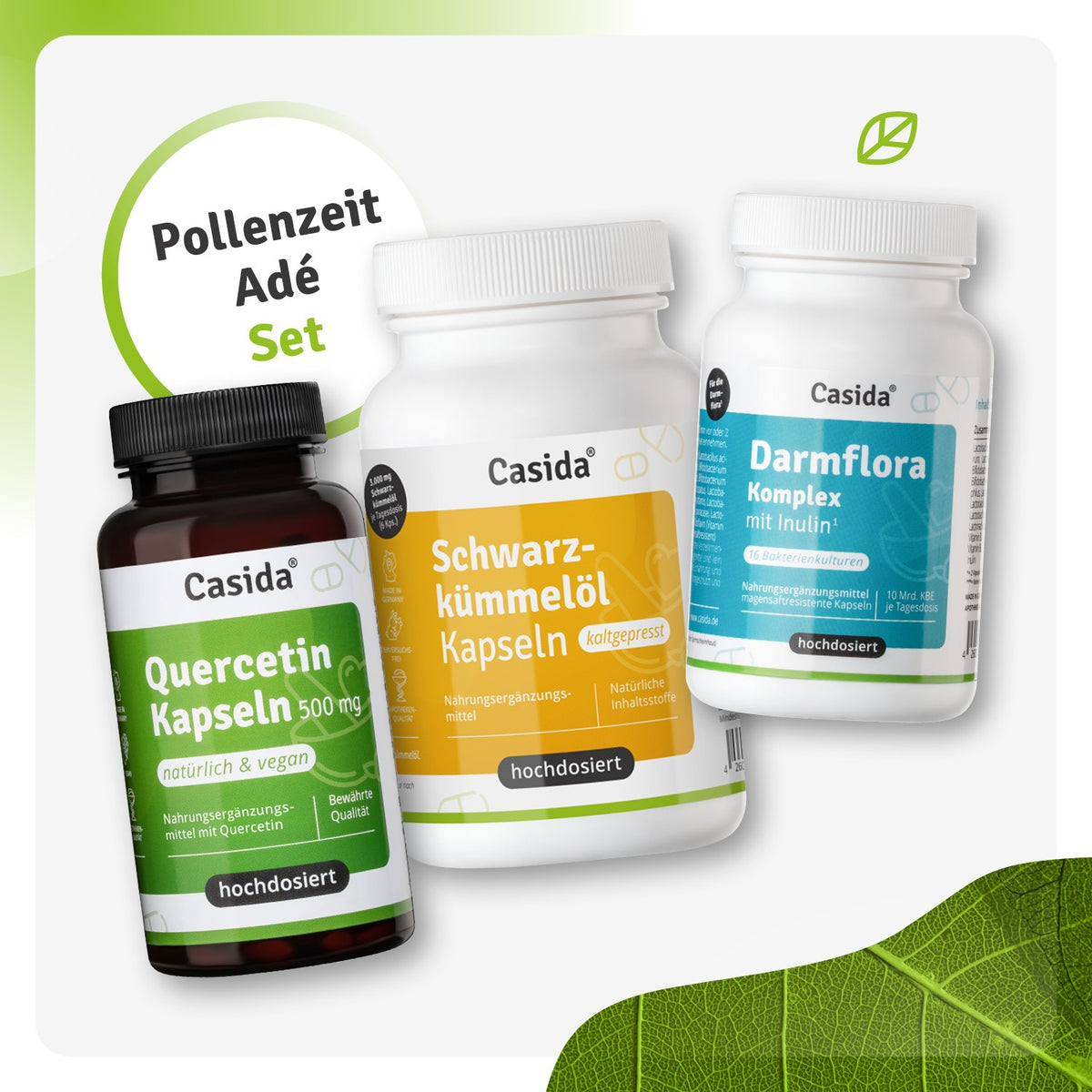Pollenzeit Adé Set featuring Quercetin capsules, black cumin oil capsules, and Darmflora complex with inulin.