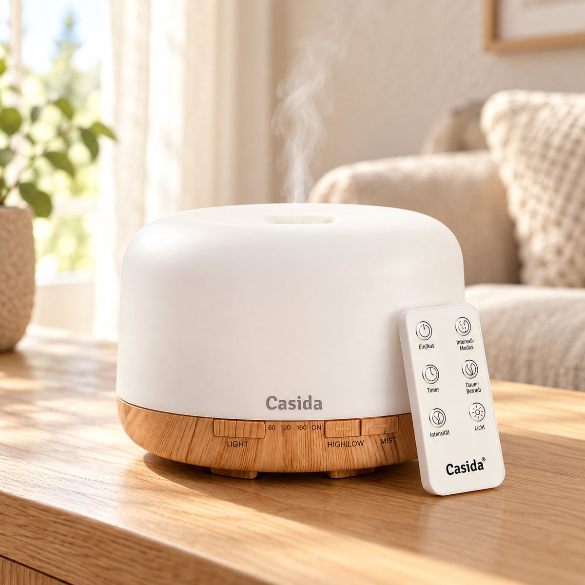Aroma diffuser with 500 ml capacity, remote control, LED light, and wooden base in a white design.