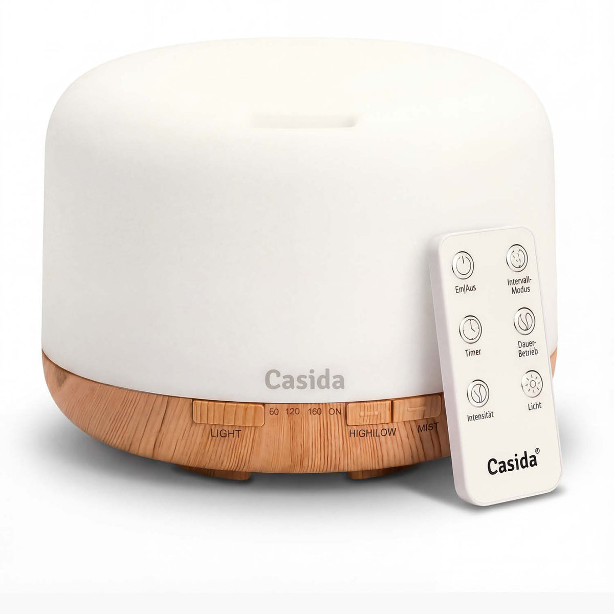 Aroma diffuser with 500 ml capacity, remote control, LED light, and wooden base in a white design.