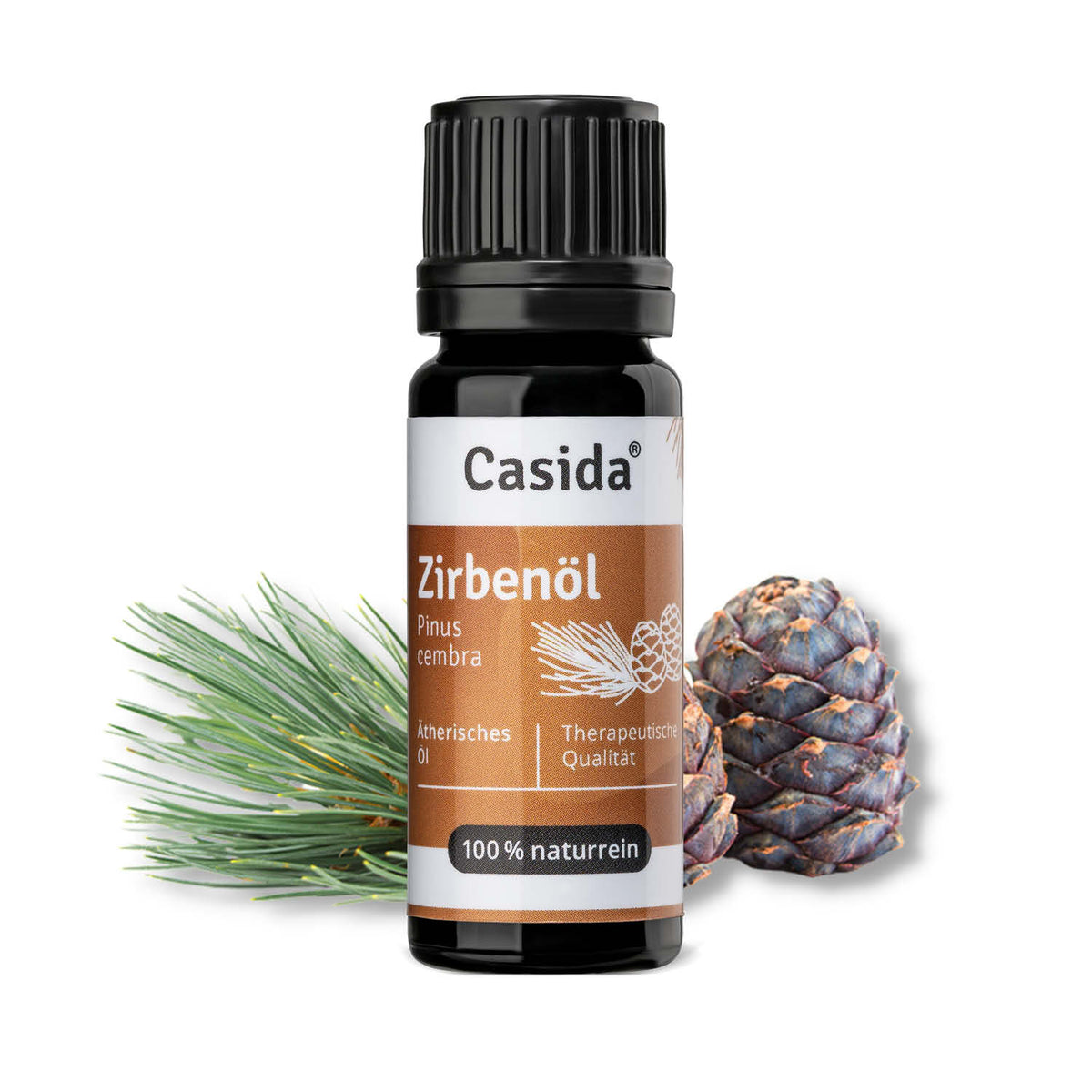 Zirbenöl in a black bottle with a brown label, surrounded by pine branches and pine cones.