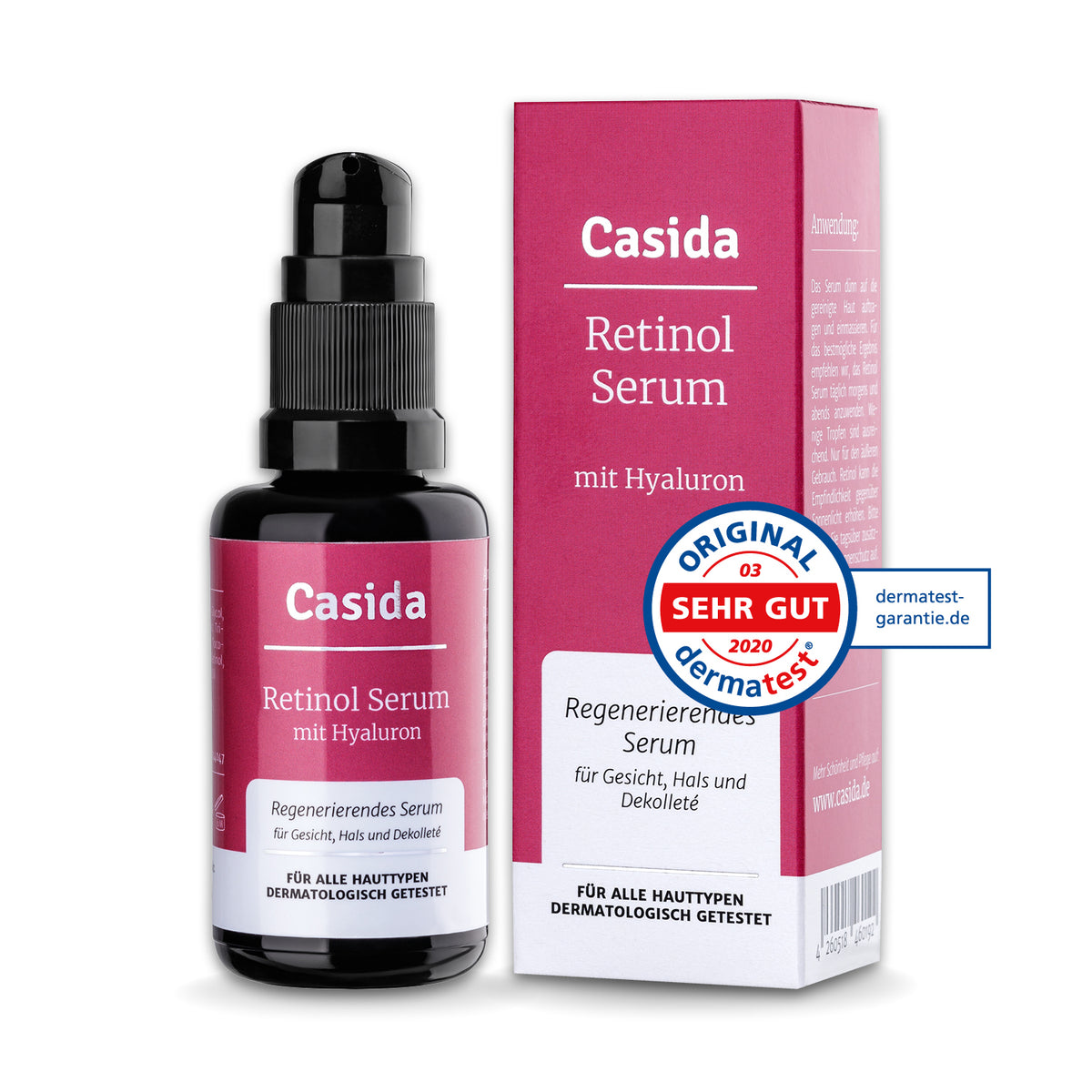 Casida retinol serum with hyaluron in a dark glass bottle, displayed with a branded box and a quality seal.