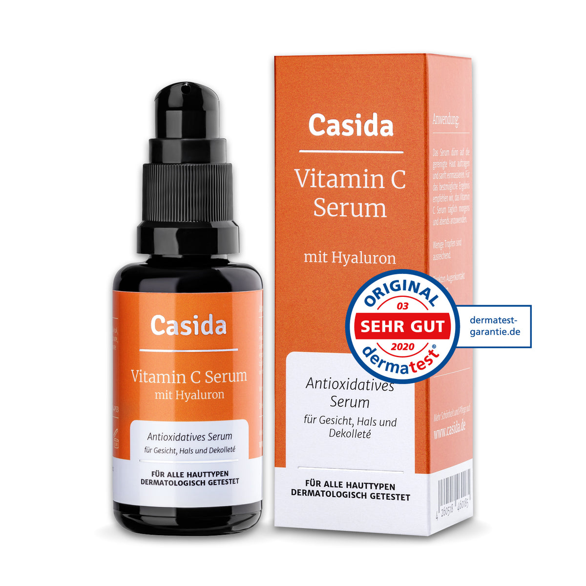 Casida Vitamin C serum with hyaluron in a black dropper bottle and orange box, labeled for face, neck, and décolleté.
