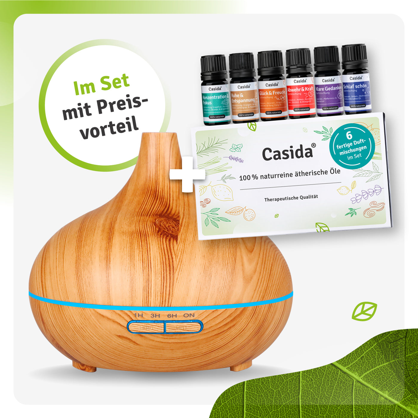 Aroma diffuser in wood design with six essential oil blends and a product information card.