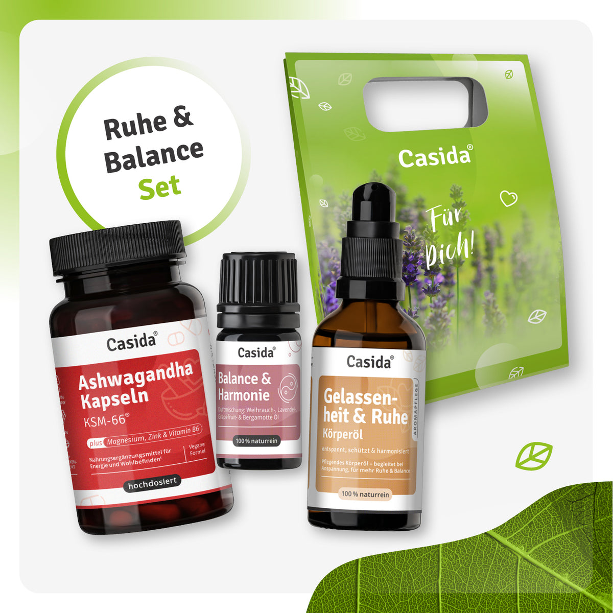 Ruhe & Balance set featuring Ashwagandha capsules, essential oil, and body oil in a green gift bag.
