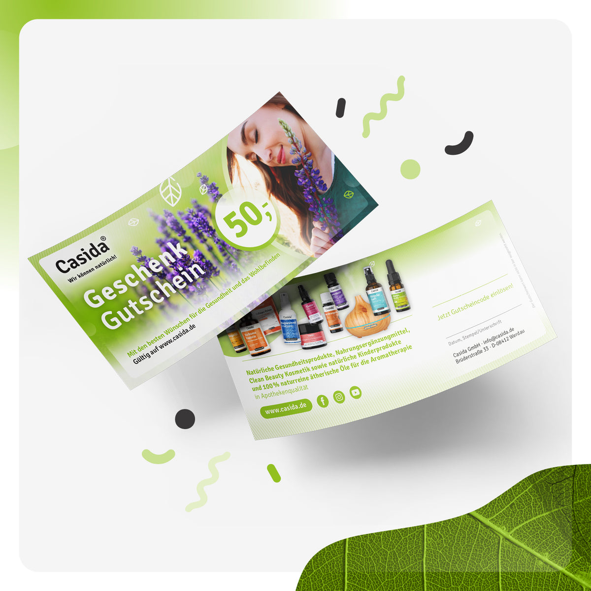 Casida 50€ gift card featuring green design with lavender and product images on both sides.