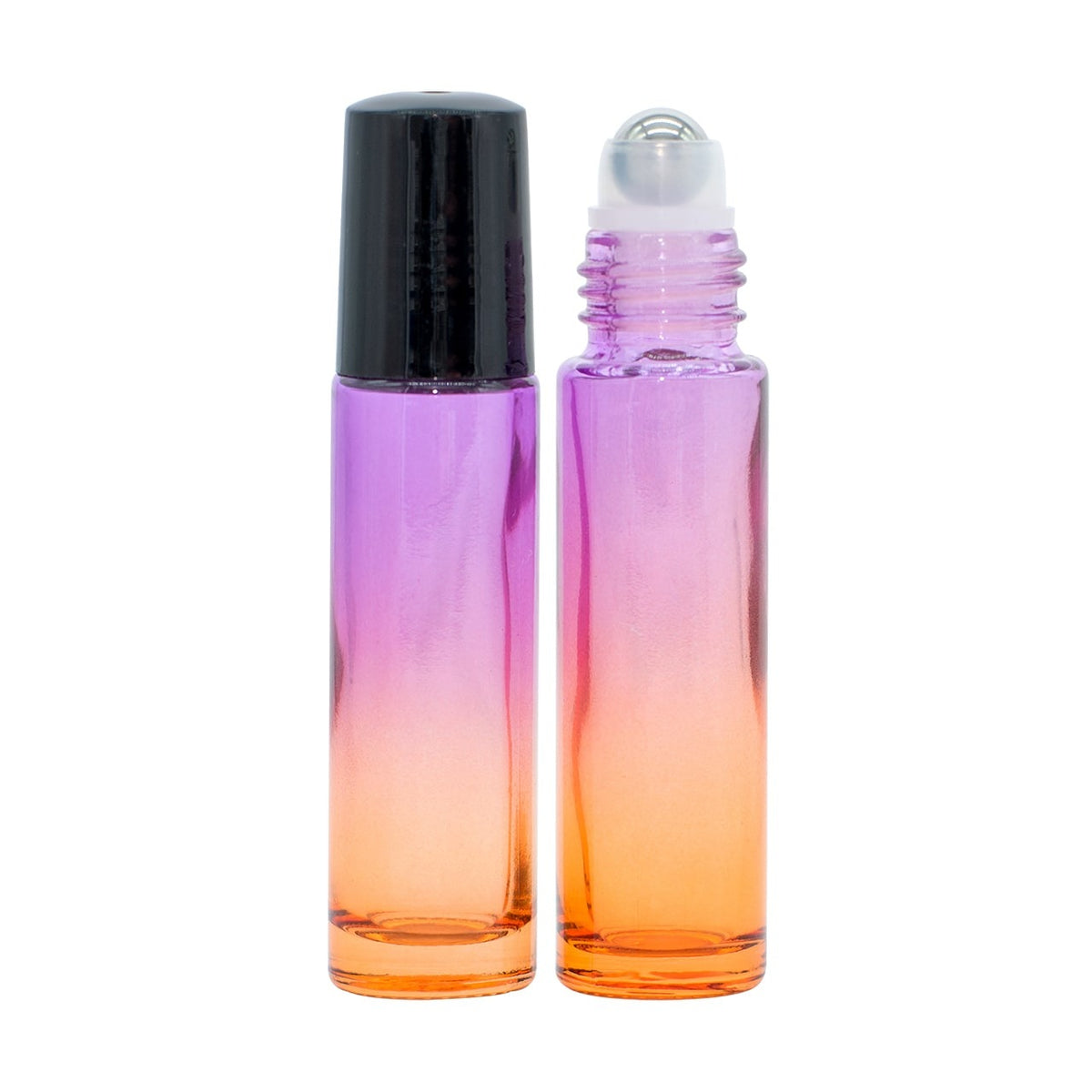 Violet and orange gradient glass roll-on bottles, 10 ml, for essential oils, featuring black and clear caps.