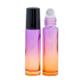 Violet and orange gradient glass roll-on bottles, 10 ml, for essential oils, featuring black and clear caps.