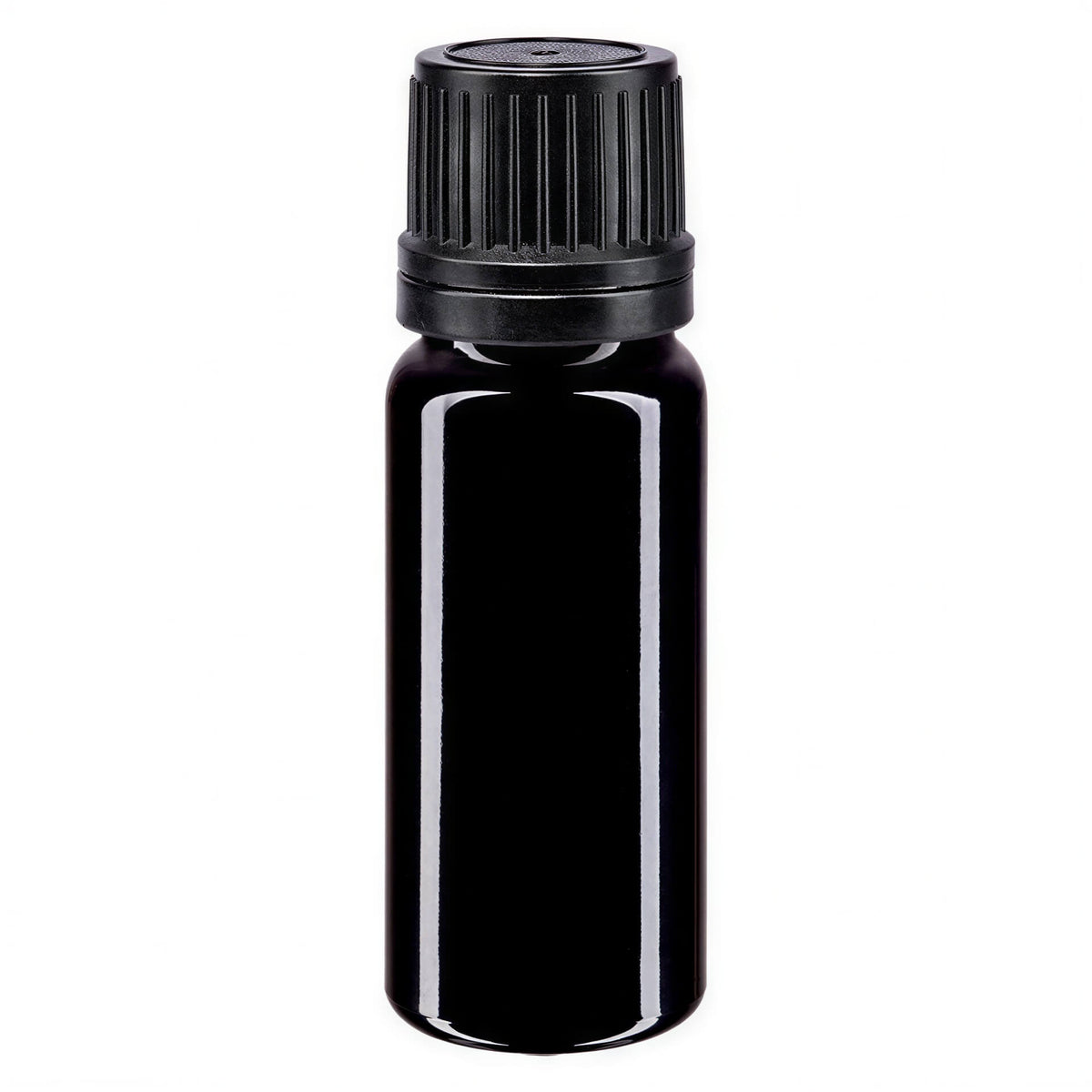 Violettglas Tropfflasche 10 ml with a black dropper cap, showcasing a sleek, dark glass design.