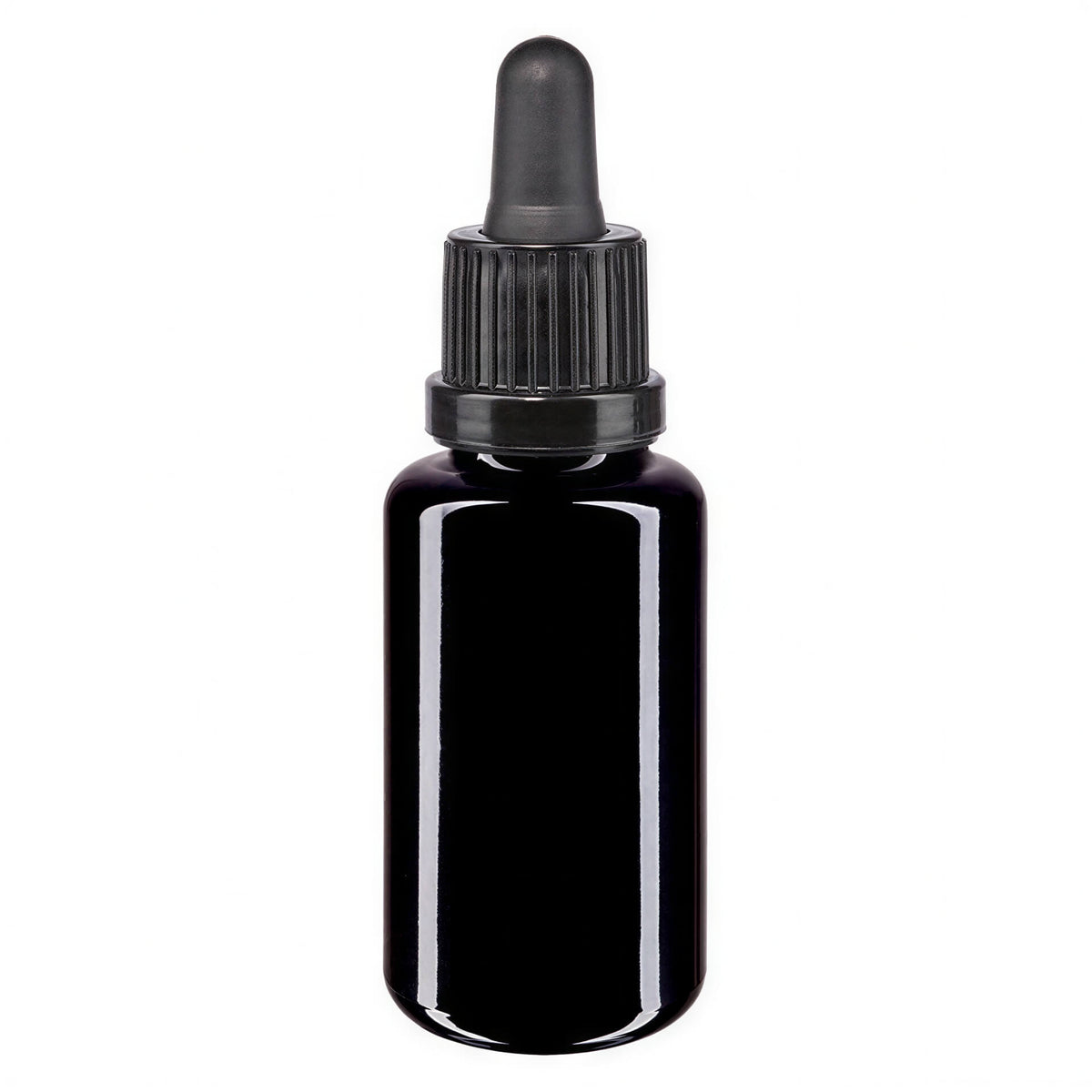 Violettglas pipettenflasche 20 ml with a black dropper cap, showcasing a sleek, dark glass design.