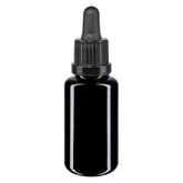Violettglas pipettenflasche 20 ml with a black dropper cap, showcasing a sleek, dark glass design.