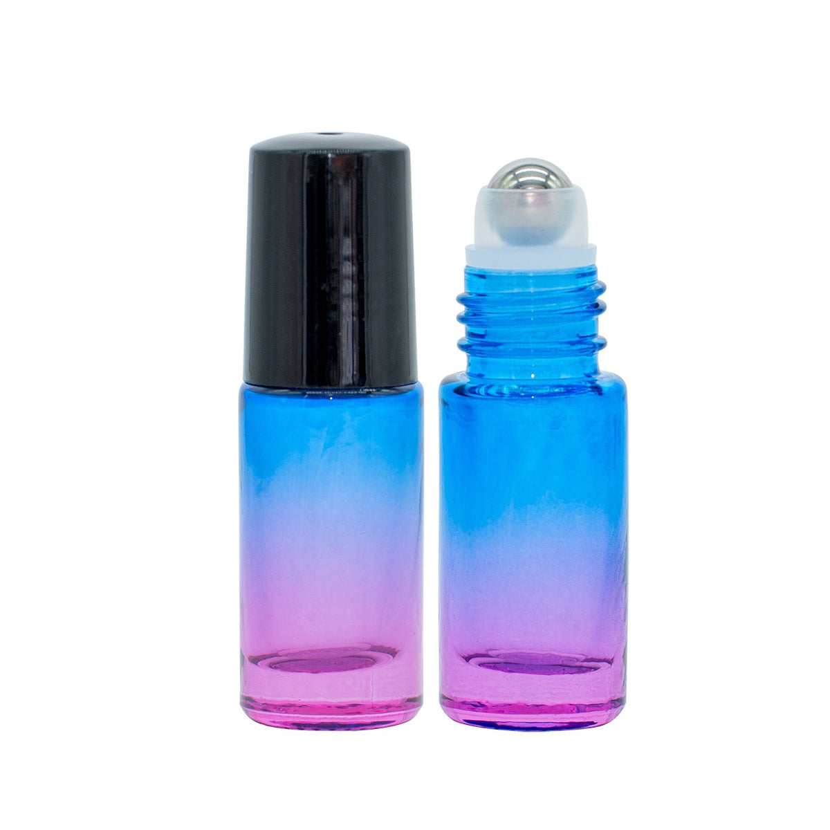 Roll-on bottles set of two, 5 ml each, featuring a gradient design in blue and pink glass with black caps.