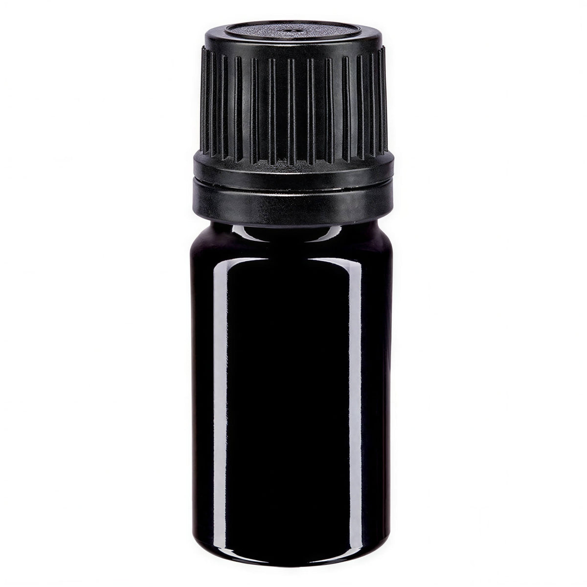 Violettglas Tropfflasche 5 ml with a black dropper cap, showcasing a sleek cylindrical design.