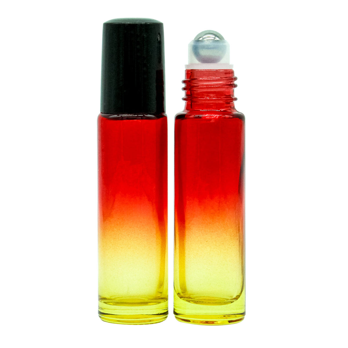 Roll-on bottles for essential oils, 10 ml, featuring a gradient design in yellow and red glass.