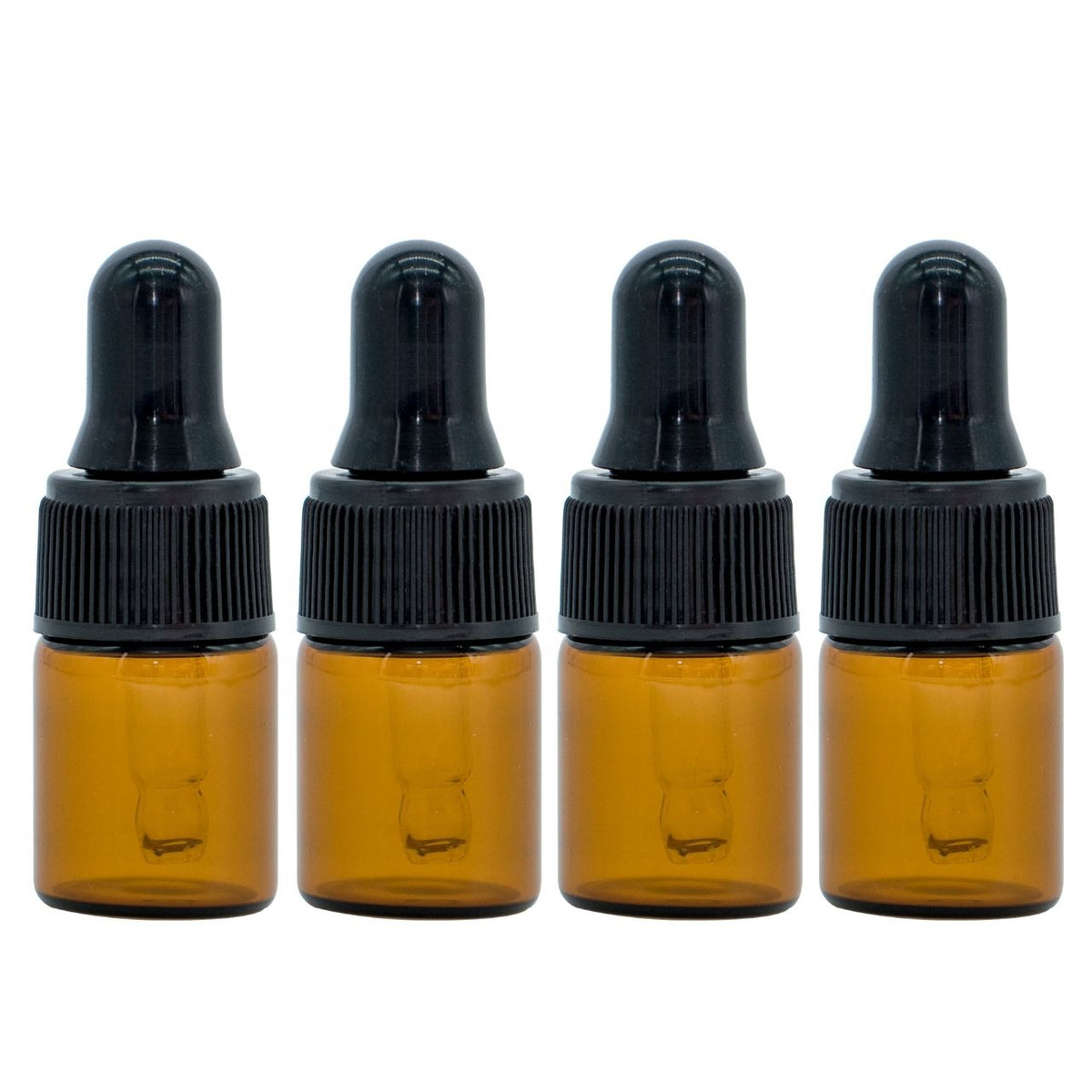 Set of four 2 ml brown glass pipette bottles with black droppers, suitable for essential oils.