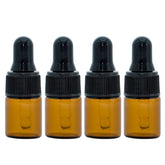 Set of four 2 ml brown glass pipette bottles with black droppers, suitable for essential oils.