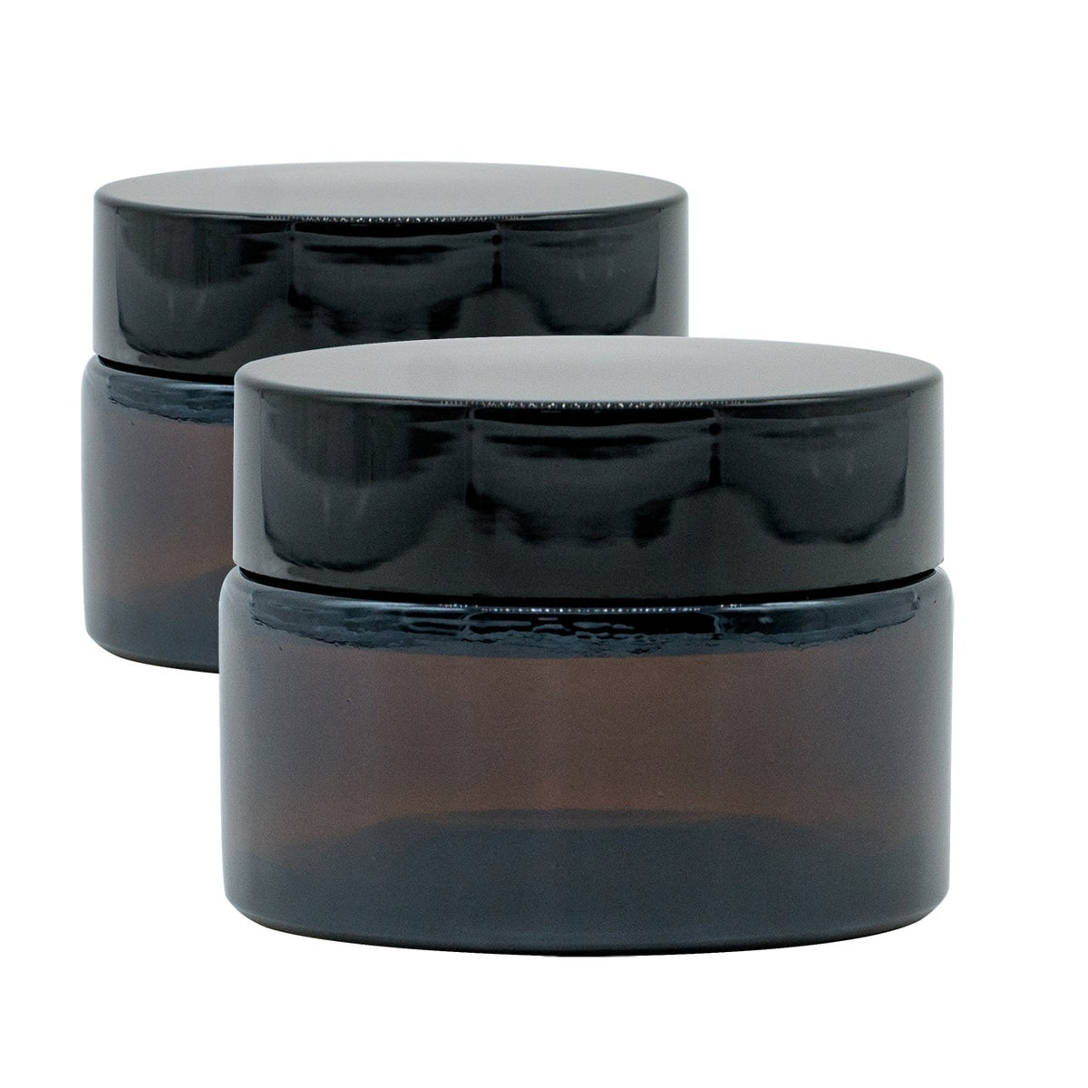 Braun Glas Tiegel Set mit zwei 30 ml Behältern, jeweils mit schwarzem Deckel.