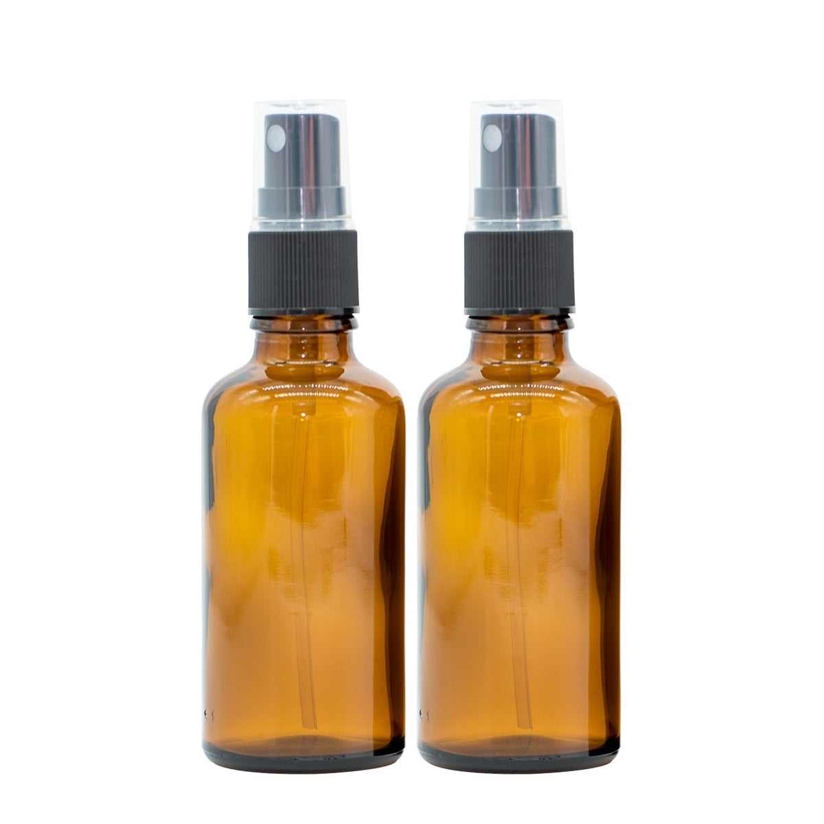 Brown glass spray bottles, 50 ml each, with black spray tops, sold as a set of two for essential oils.