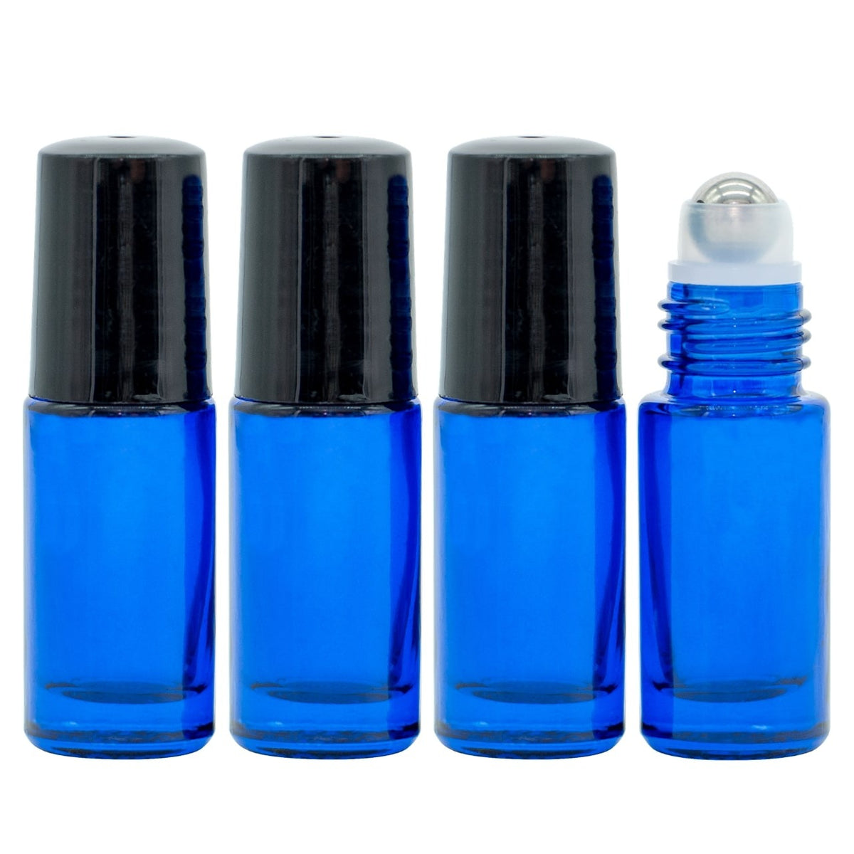 Set of four 5 ml blue glass roll-on bottles with black caps, designed for essential oils.