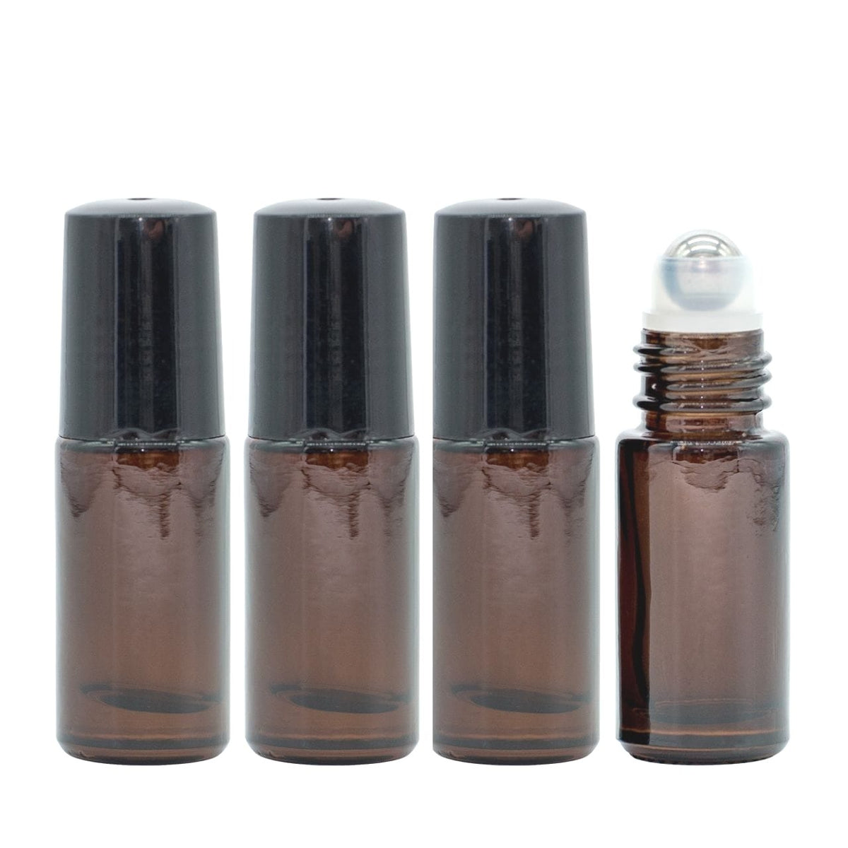 Braun Glas Roll-On Flasche Set mit 4 Flaschen, jeweils 5 ml, für ätherische Öle, mit schwarzen Kappen.