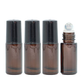 Braun Glas Roll-On Flasche Set mit 4 Flaschen, jeweils 5 ml, für ätherische Öle, mit schwarzen Kappen.