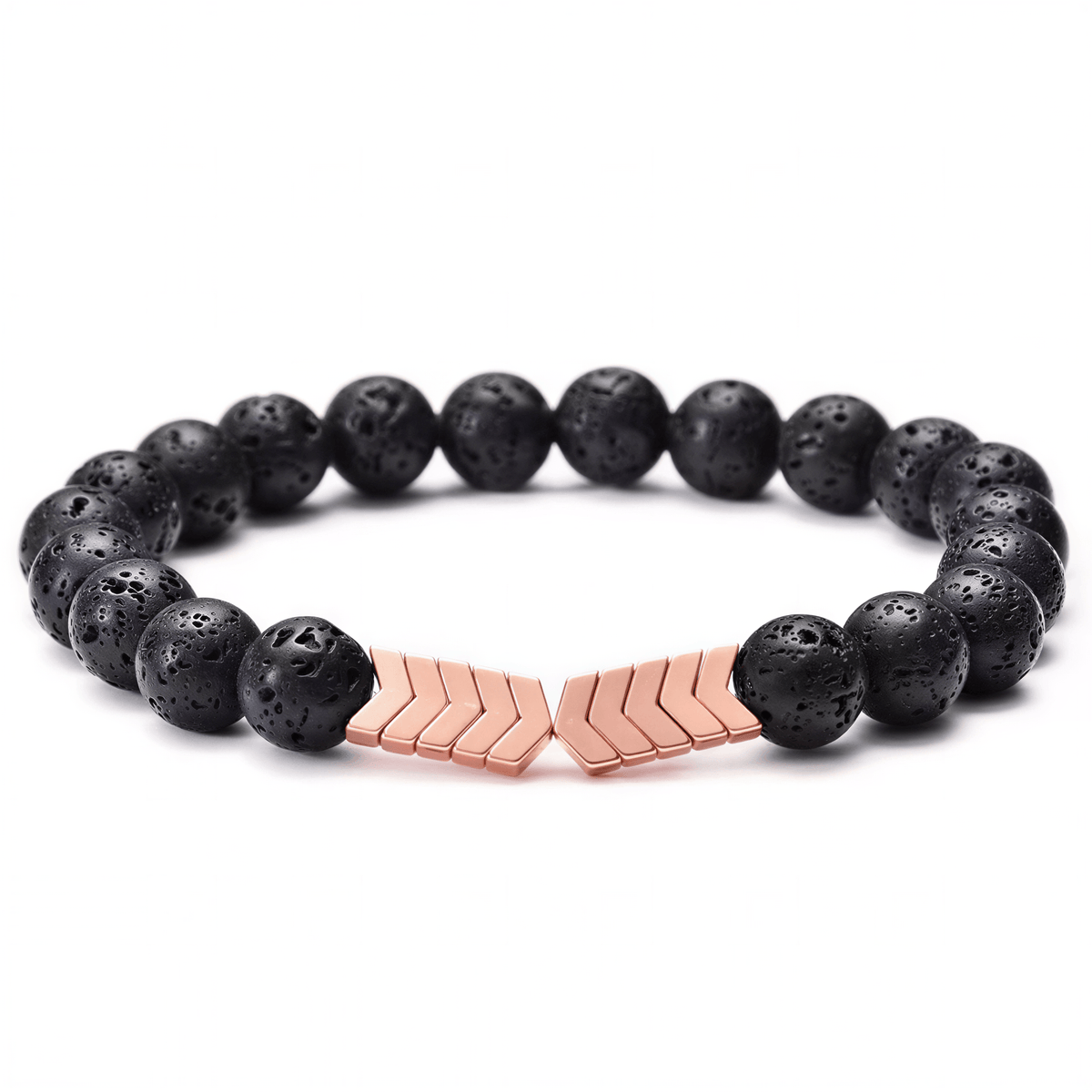 Lavastein armband für ätherische Öle mit schwarzen Lavasteinen und roségoldenen Akzenten in Chevron-Design.