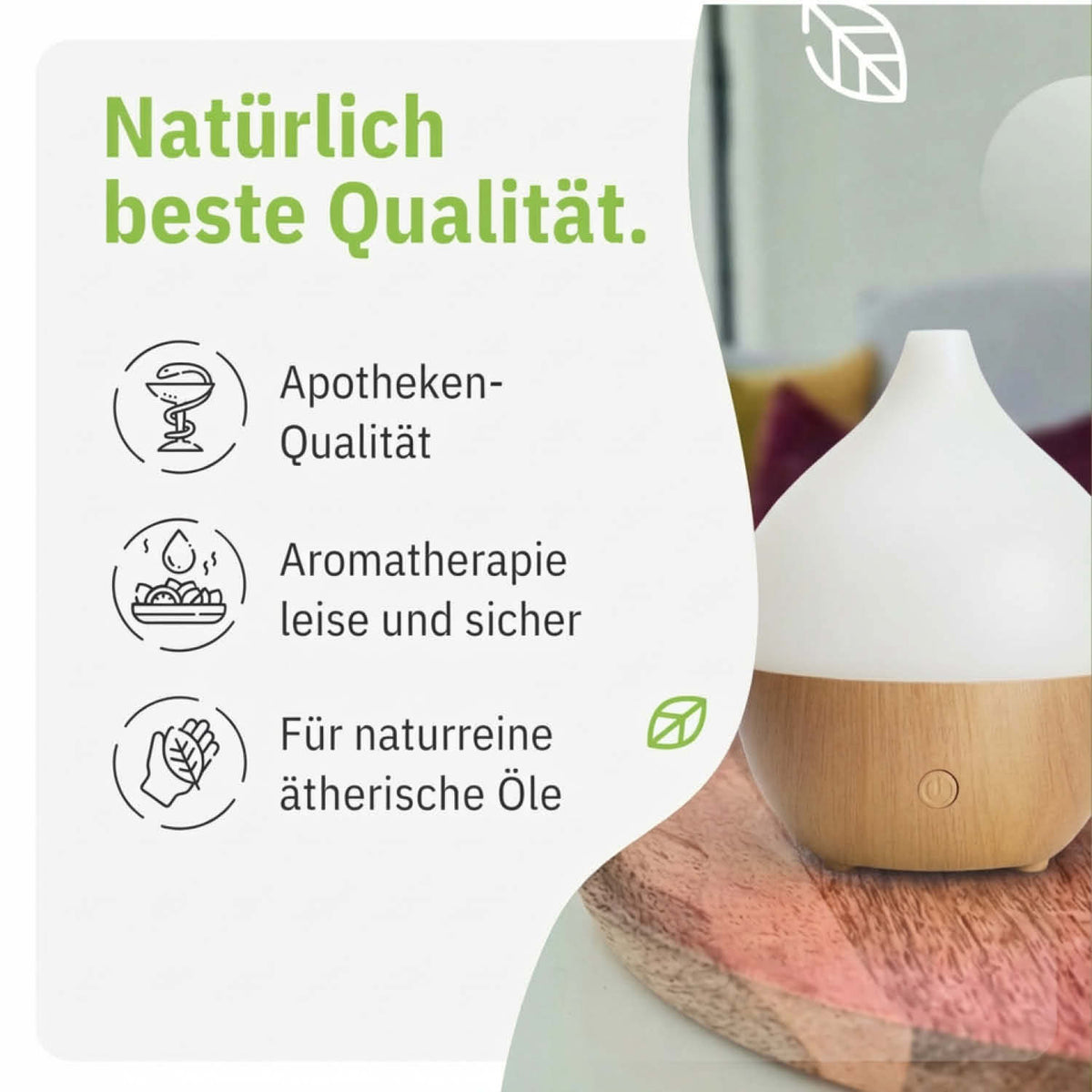 Kompakter Aroma USB Diffuser mit LED, 100 ml, in weiß und Holzoptik, ideal für ätherische Öle.