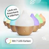 Kompakter Aroma USB Diffuser mit LED, 100 ml, in verschiedenen Farben und Holzoptik, zeigt sieben leuchtende Farben.