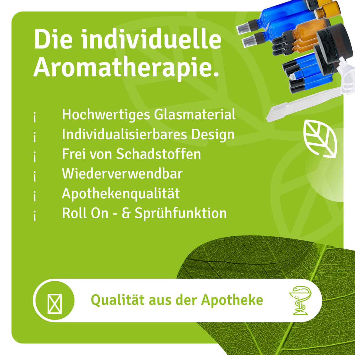 Aromatherapie Profi Set featuring high-quality glass materials and customizable design with roll-on and spray functions.