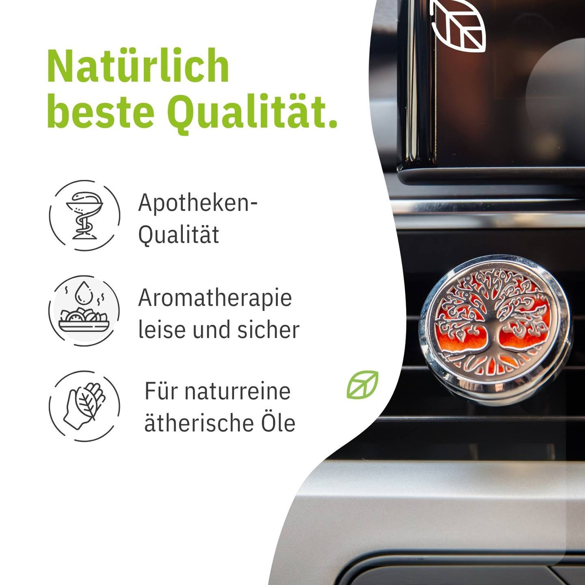 Auto aroma diffuser with a tree design, mounted on a car vent, featuring icons for quality and safety.