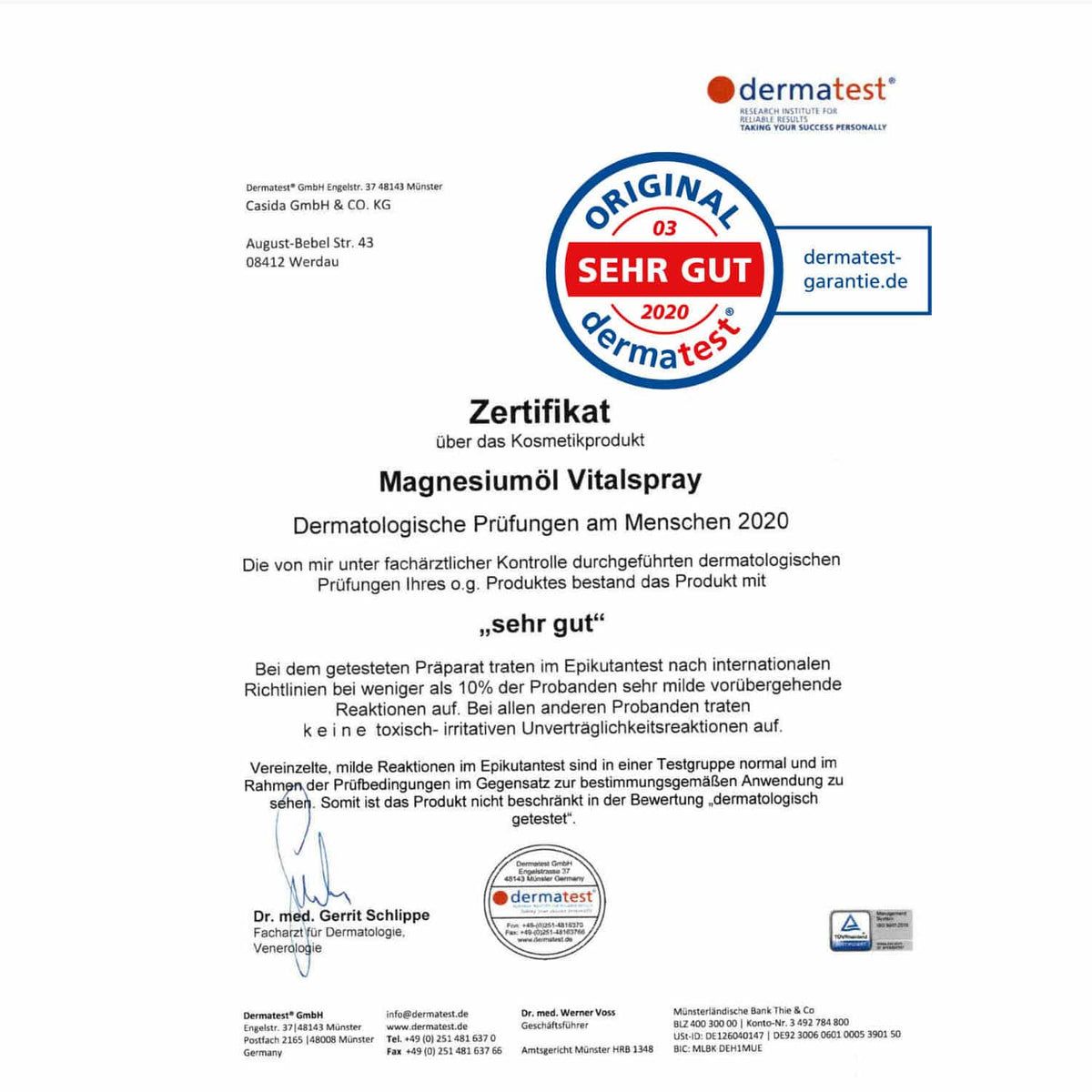 Zechstein Magnesiumöl Duo Magnesiumöl Vitalspray 100 ml Dermatest
