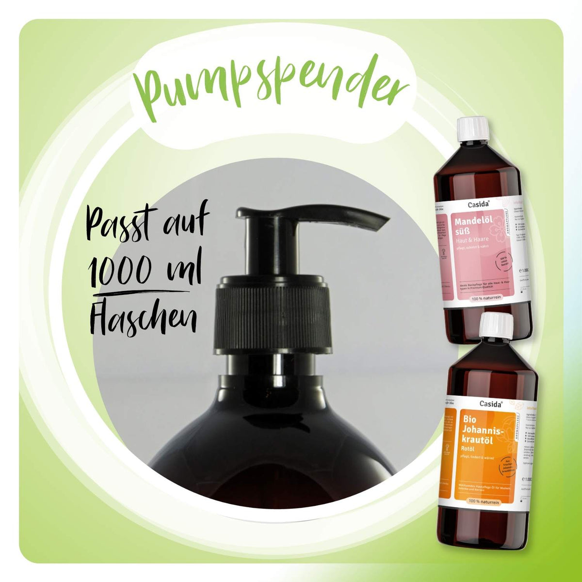 Casida Pumpspender Mandelöl Johanniskrautöl Rotöl 1000 ml 1 Liter Flasche 