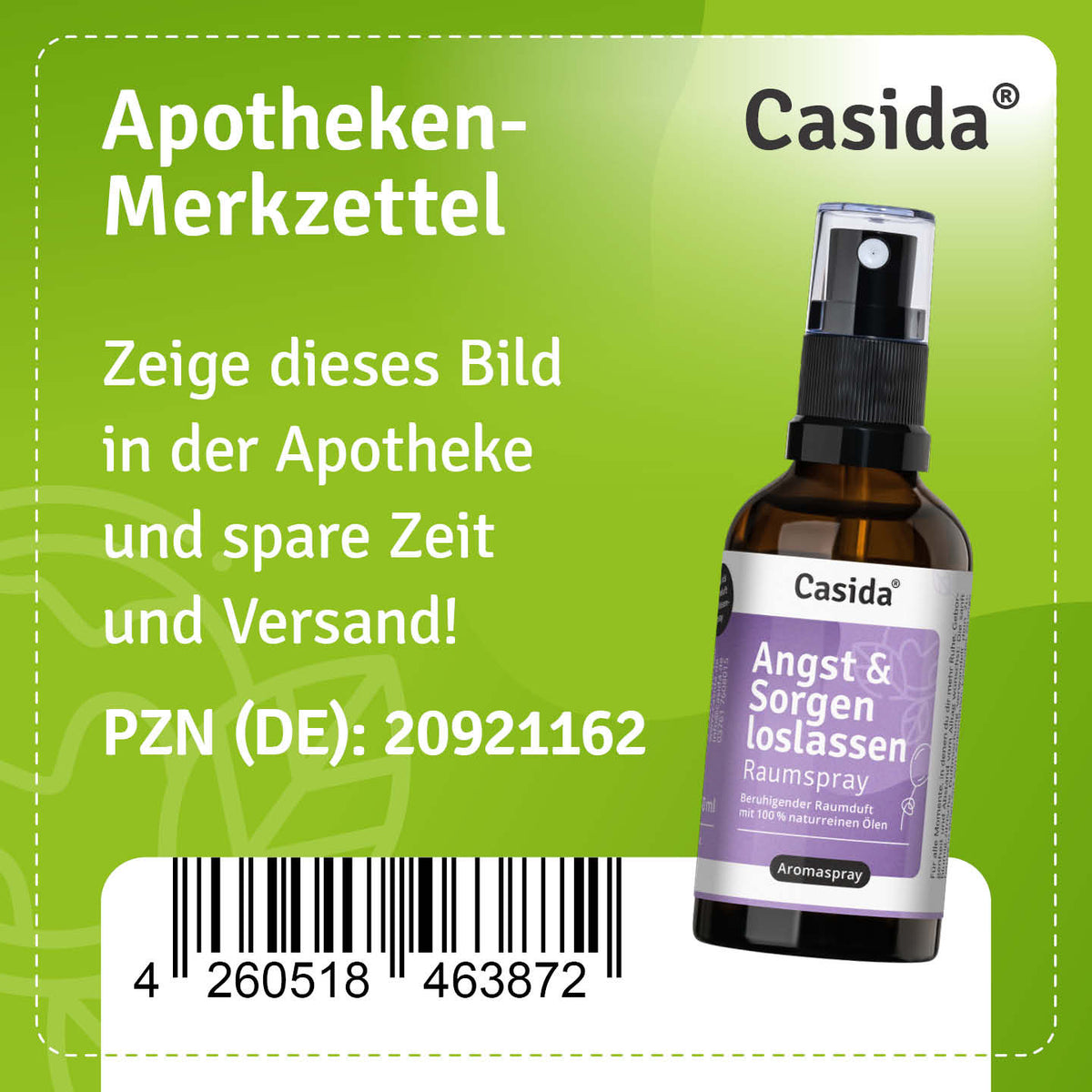 Apotheken-Merkzettel für Casida Angst & Sorgen loslassen Raumspray, PZN 20921162