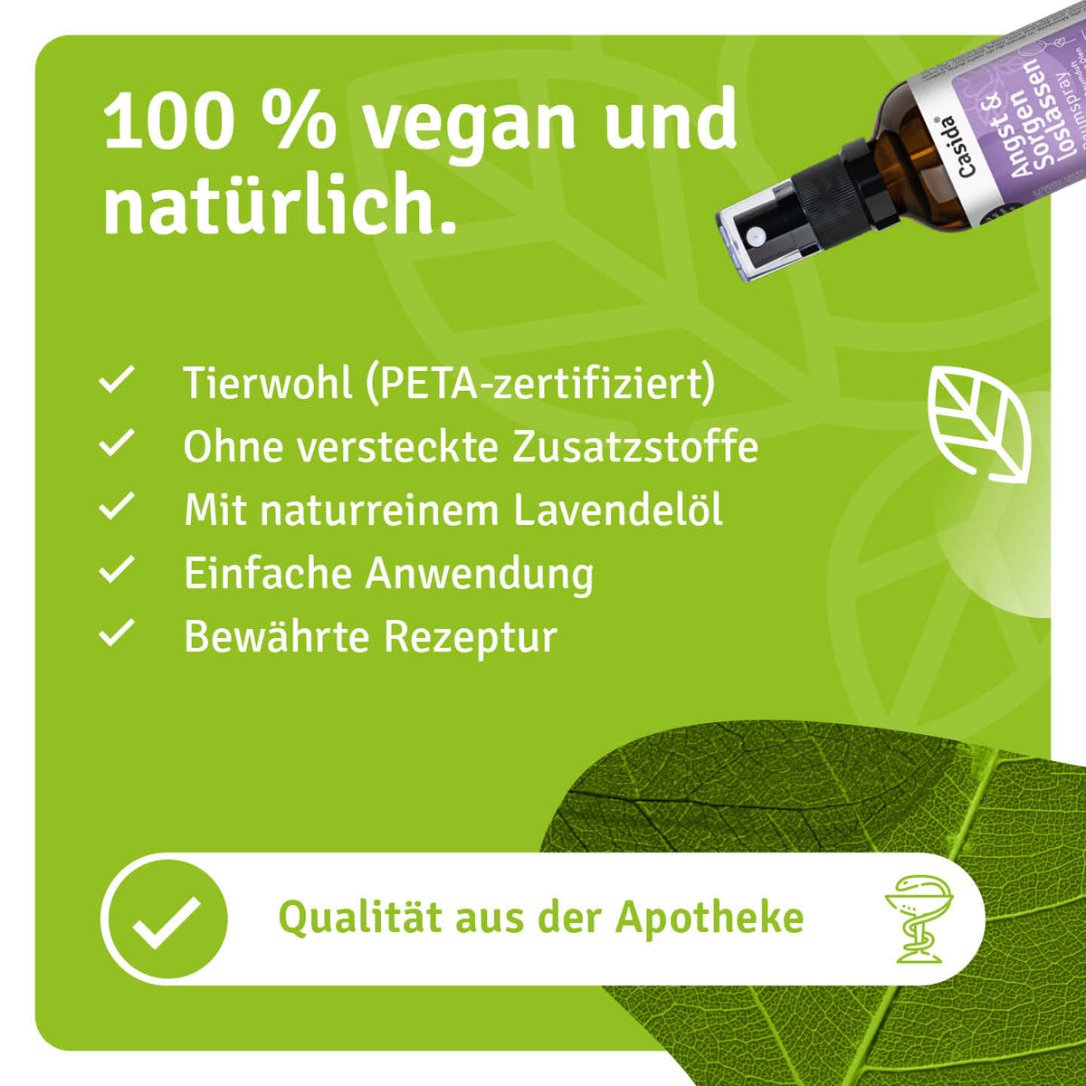 Casida Angst & Sorgen loslassen Raumspray mit Angaben zu veganer Rezeptur und naturreinem Lavendelöl