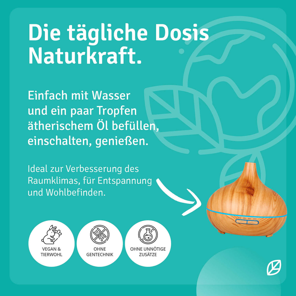 Infografik Casida Aroma Diffuser in Holzoptik Einfach mit Wassser und ein paar Tropfen ätherischem Öl befüllen einschalten genießen Ideal zur Verbesserung des Raumklimas für Entspannung und Wohlbefinden