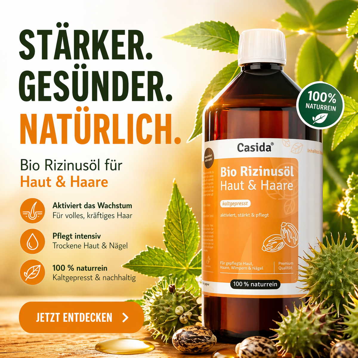 Casida Bio Rizinusöl Haut & Haare vor Rizinusblättern und Samen mit Hinweisen zur Pflege
